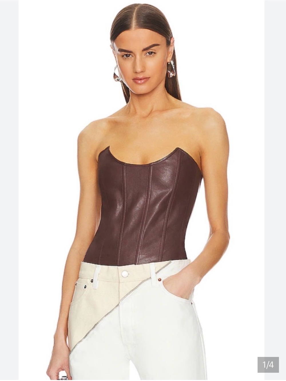 Miaou Chocolate Brown Strapless Faux Leather Corset Top